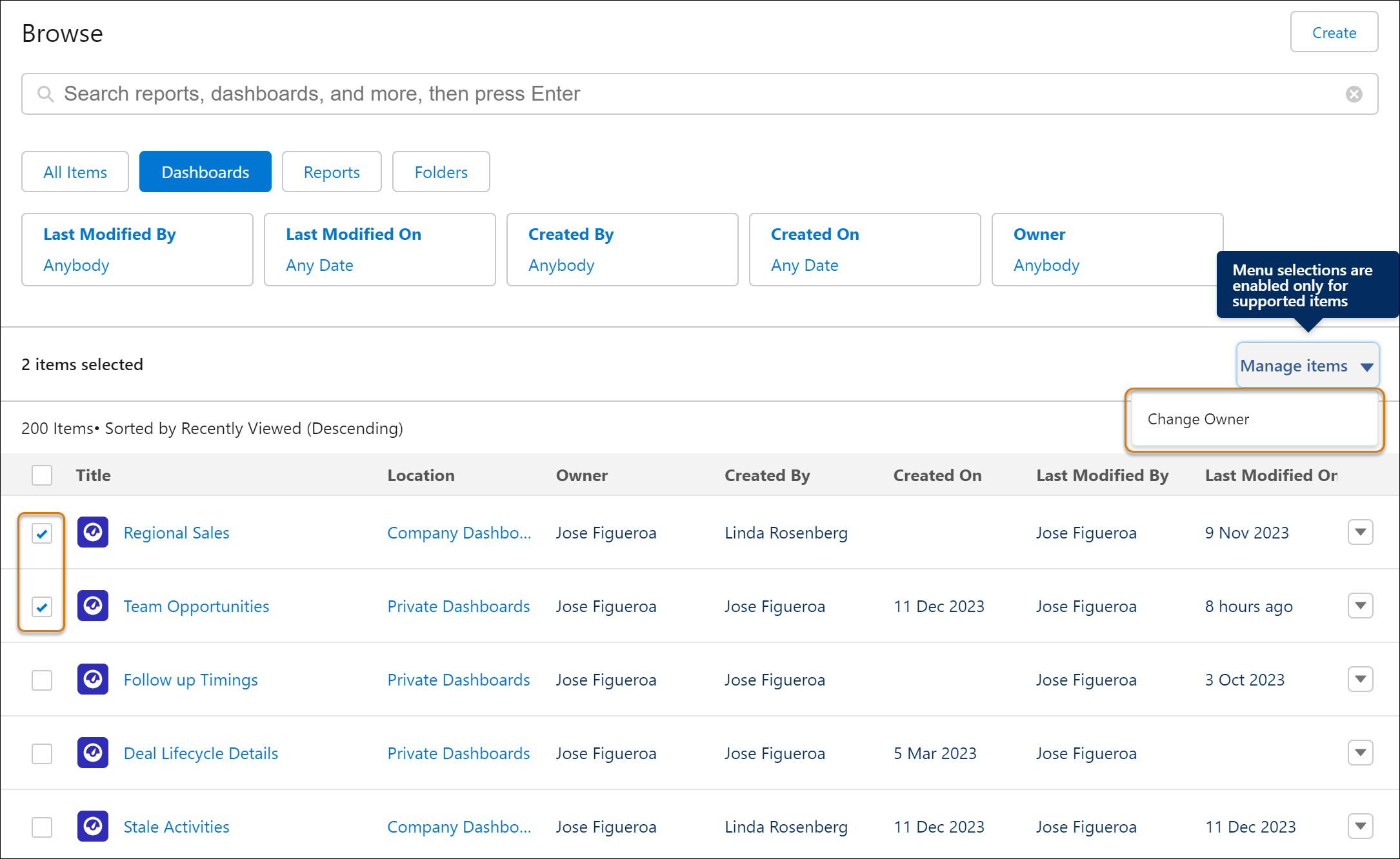 Dashboard list on Analytics tab showing how to change ownership of multiple dashboards