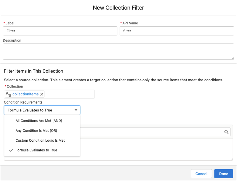 The New Collection Filter window, displaying the options in the Condition Requirements field.