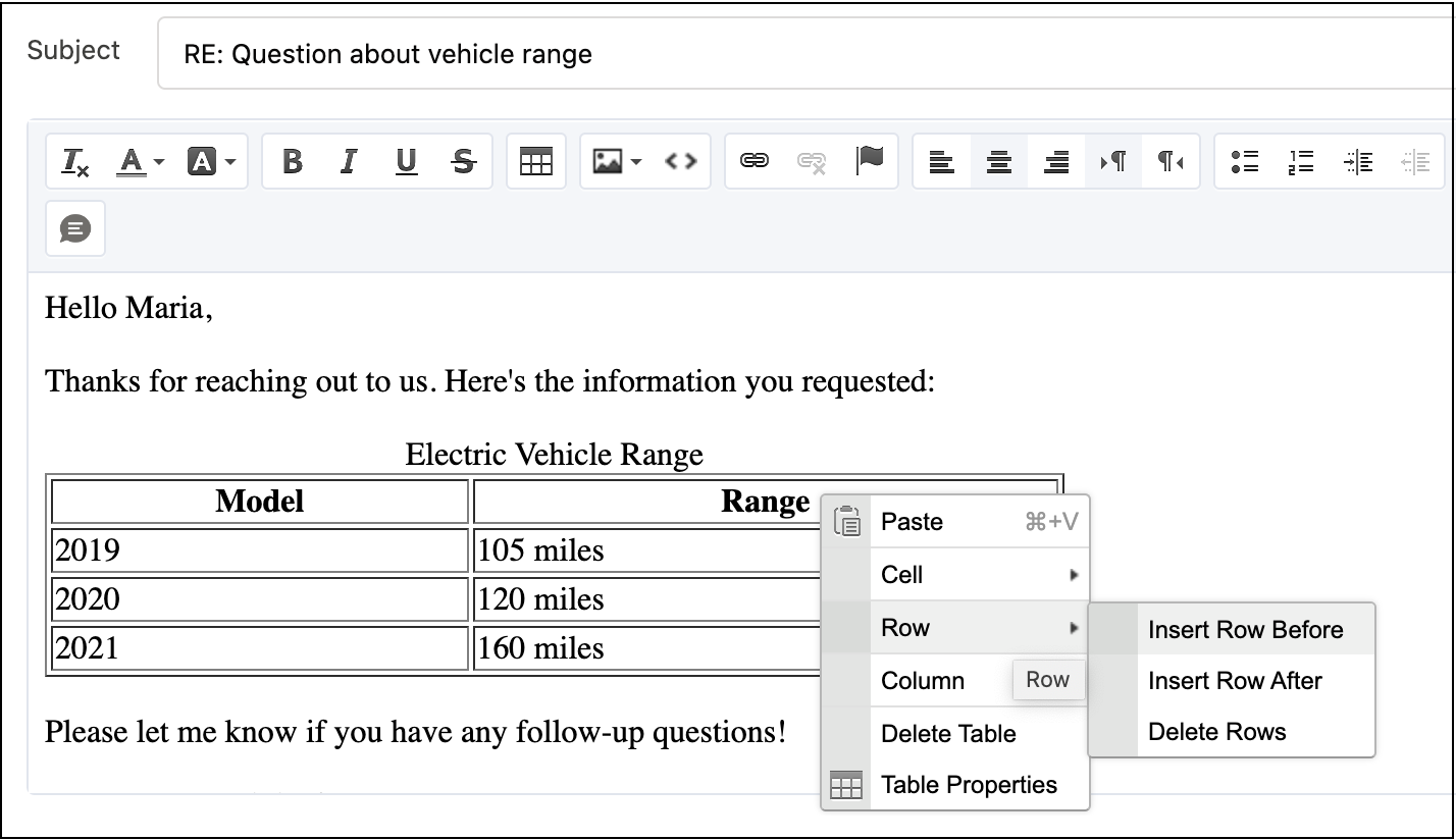 Table with right-click menu shown