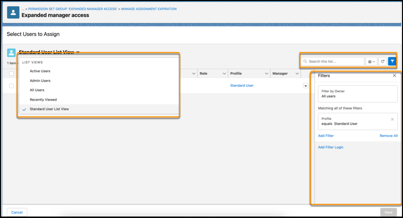 Add Assignment page with listview, search, and filter options highlighted.