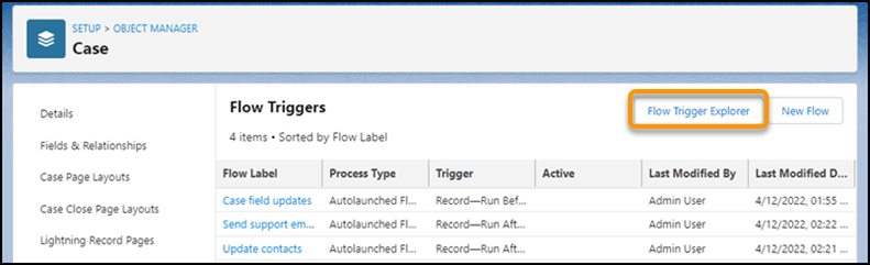 Object manager showing flow trigger explorer button