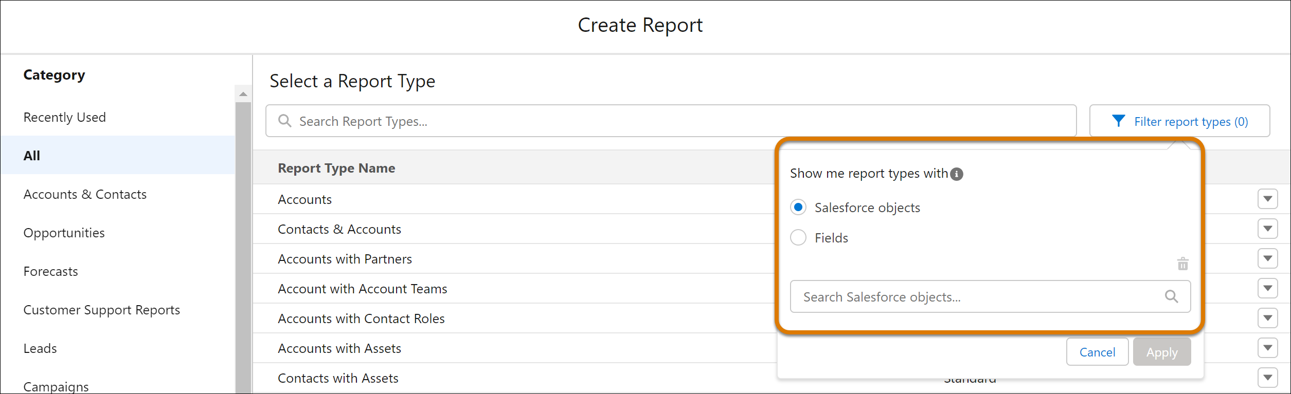 Create Report window showing how to filter by Salesforce object or fields