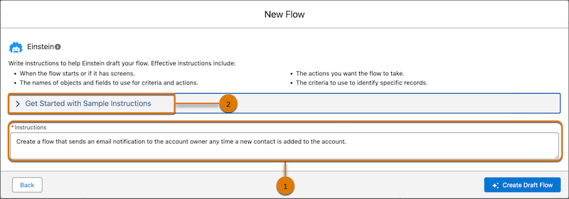 A screenshot of the New Flow page, where you can either use sample instructions or provide your own instructions to Einstein to generate a draft flow.