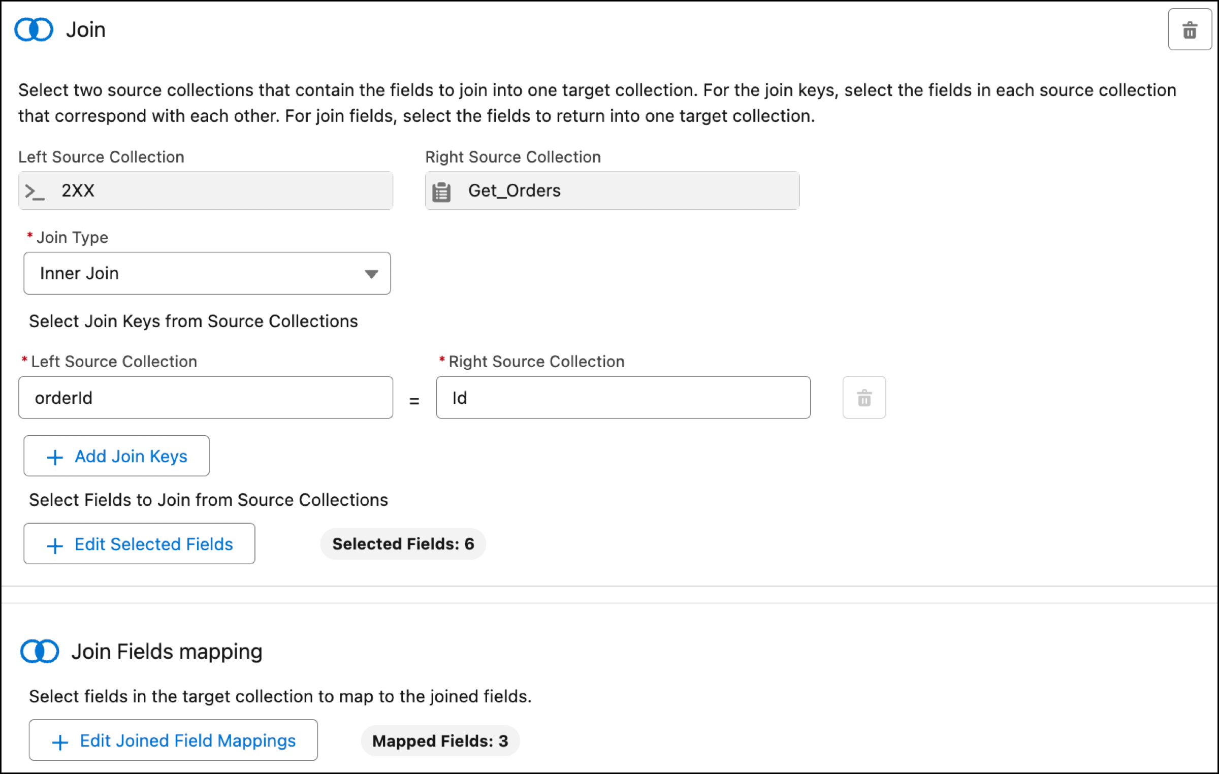 Join transformation with selected join keys from left and right source collections