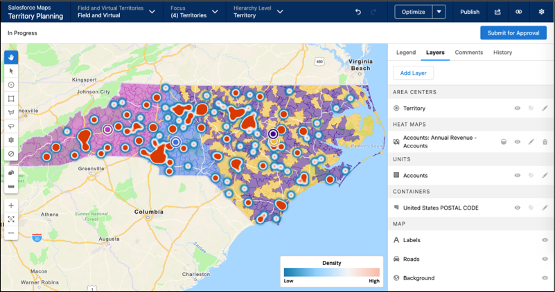 Heat map that shows hot spots for accounts with high annual revenue