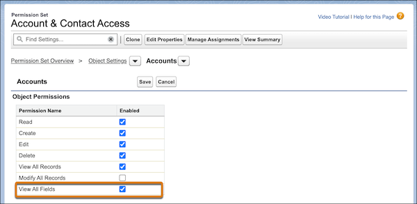 The object permissions section for a permission set, with a callout on the View All Fields permission.