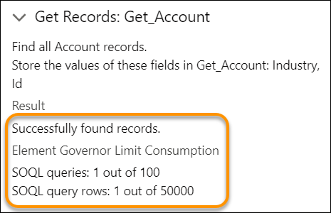 Debug details that show governor limits for a Get Records element