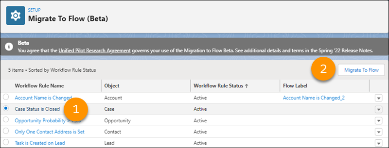The Migrate to Flow page in Setup