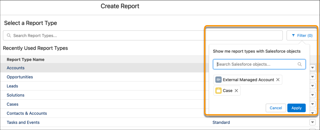 Settings to filter report types by Salesforce object