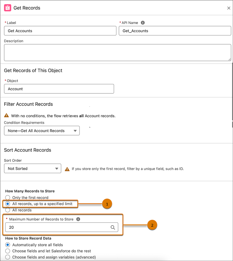 The Get Records element with the option to store a limited number of records selected.