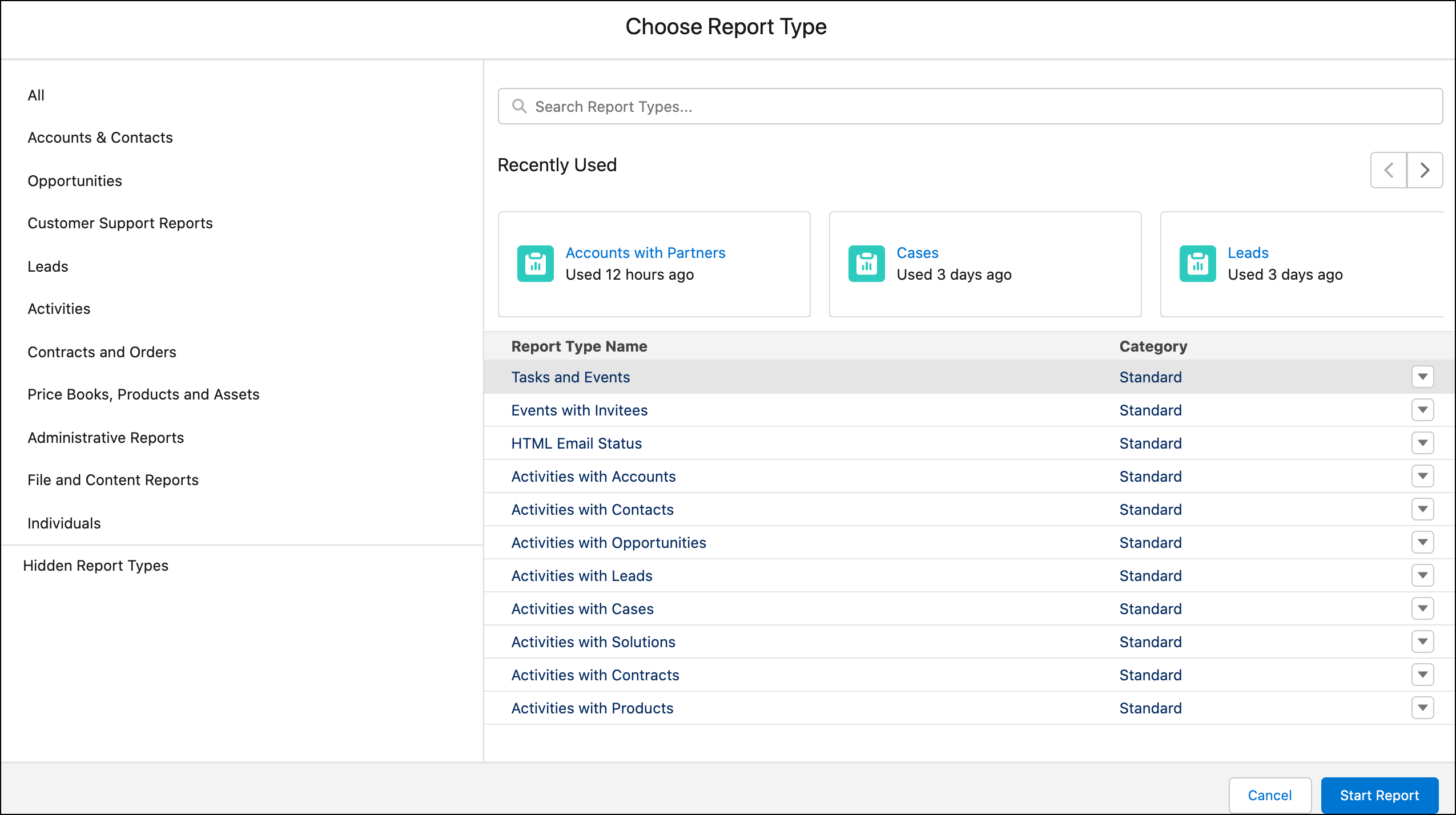 Choose Report Type window