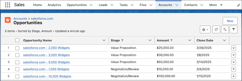 An Opportunities related list sorted by multiple columns