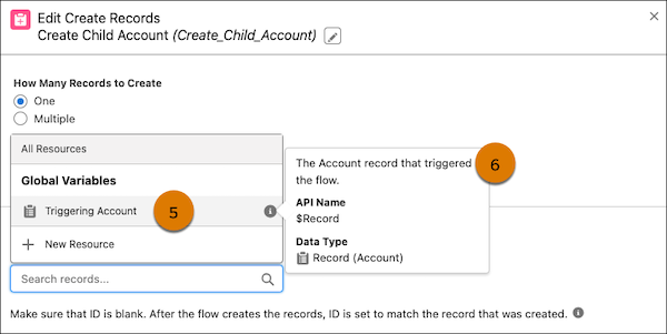 Salesforce Winter '24 Release: : Create Records element open showing a resource label and description