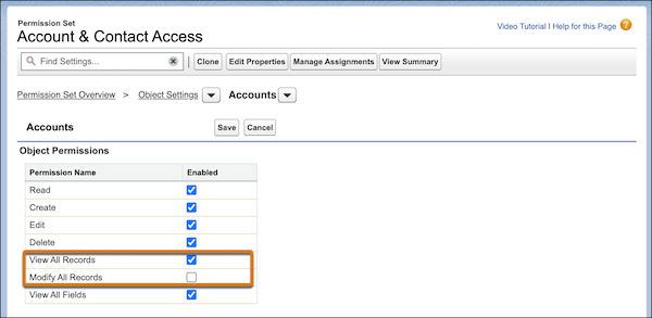 The object permissions section of a permission set with a highlight on the View All Records and Modify All Records