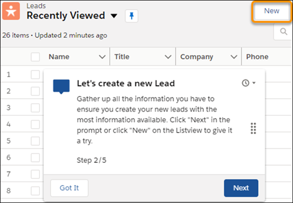 The Leads record page with the New button highlighted and a walkthrough step showing