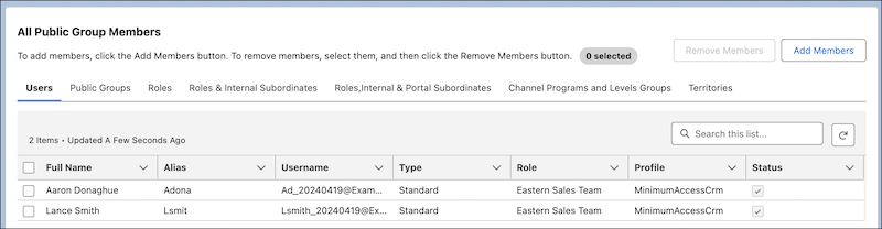 The manage public group membership displays options to assign and remove a variety of entities from group membership.