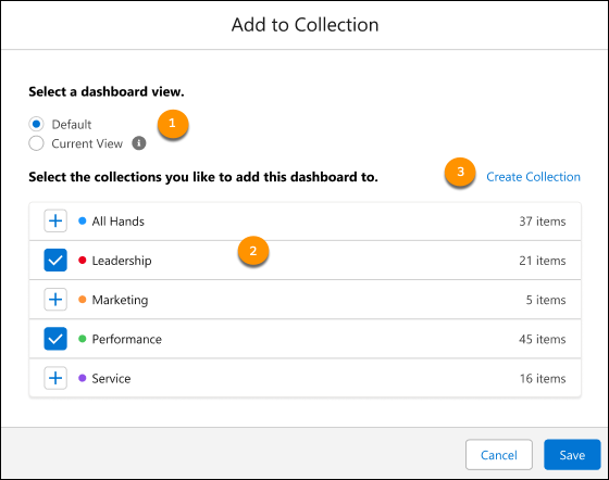 Selecting a dashboard view to a collection.