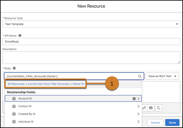 A Text Template resource properties panel showing the search for Account ID grouped under Relationship Fields.