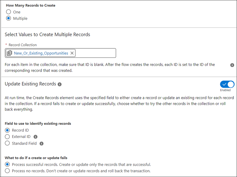 The Create Records element that shows the Update Existing Records section and its settings