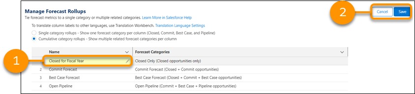 Salesforce Summer '22 Release - Manage Forecast Rollups section of Forecasts Settings showing two renamed rollups.