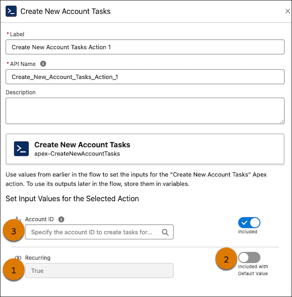 The create new action screen with Account ID, recurring and included with default value fields numbered.