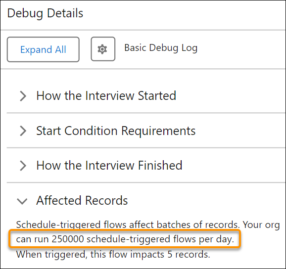 Debug details in Flow Builder that shows the Affected Records section expanded