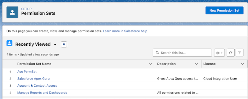 Permission Sets Setup page that displays Enhanced Permission Set List Views