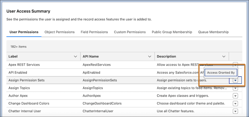 The User Access Summary, depicting the Access Granted By action on a user permission