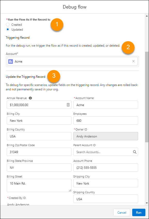 The Debug flow window with record field updates.