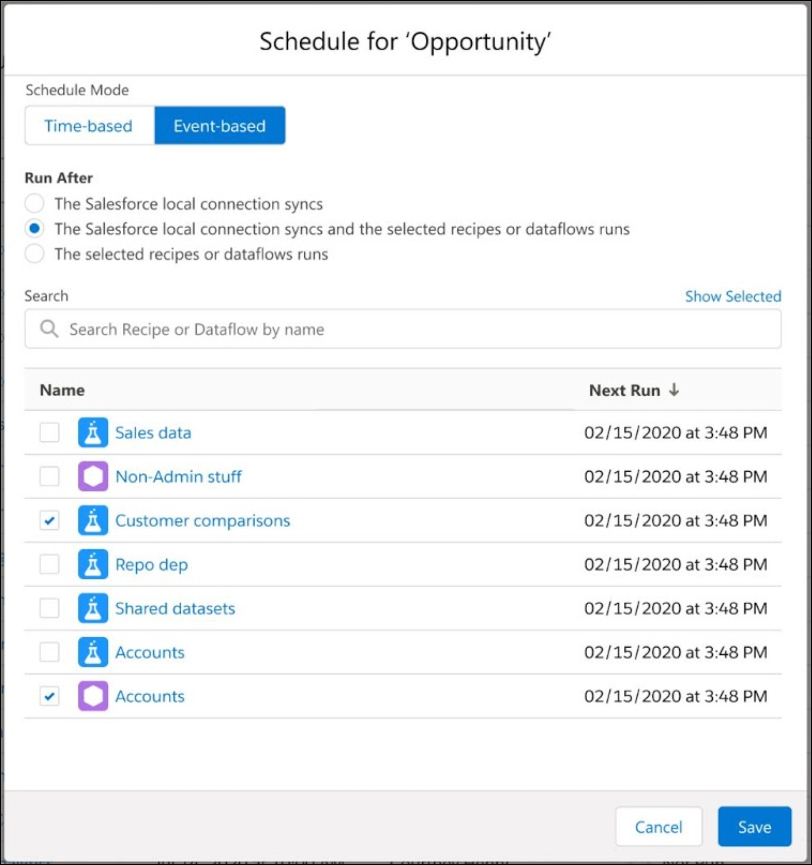 Schedule screen for a dataflow or recipe, with the option to use event-based with waiting for dataflows or recipes.