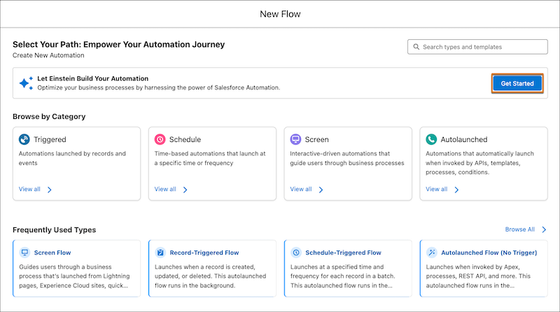 The Get Started button on the Let Einstein Build Your Automation card when creating a new flow.