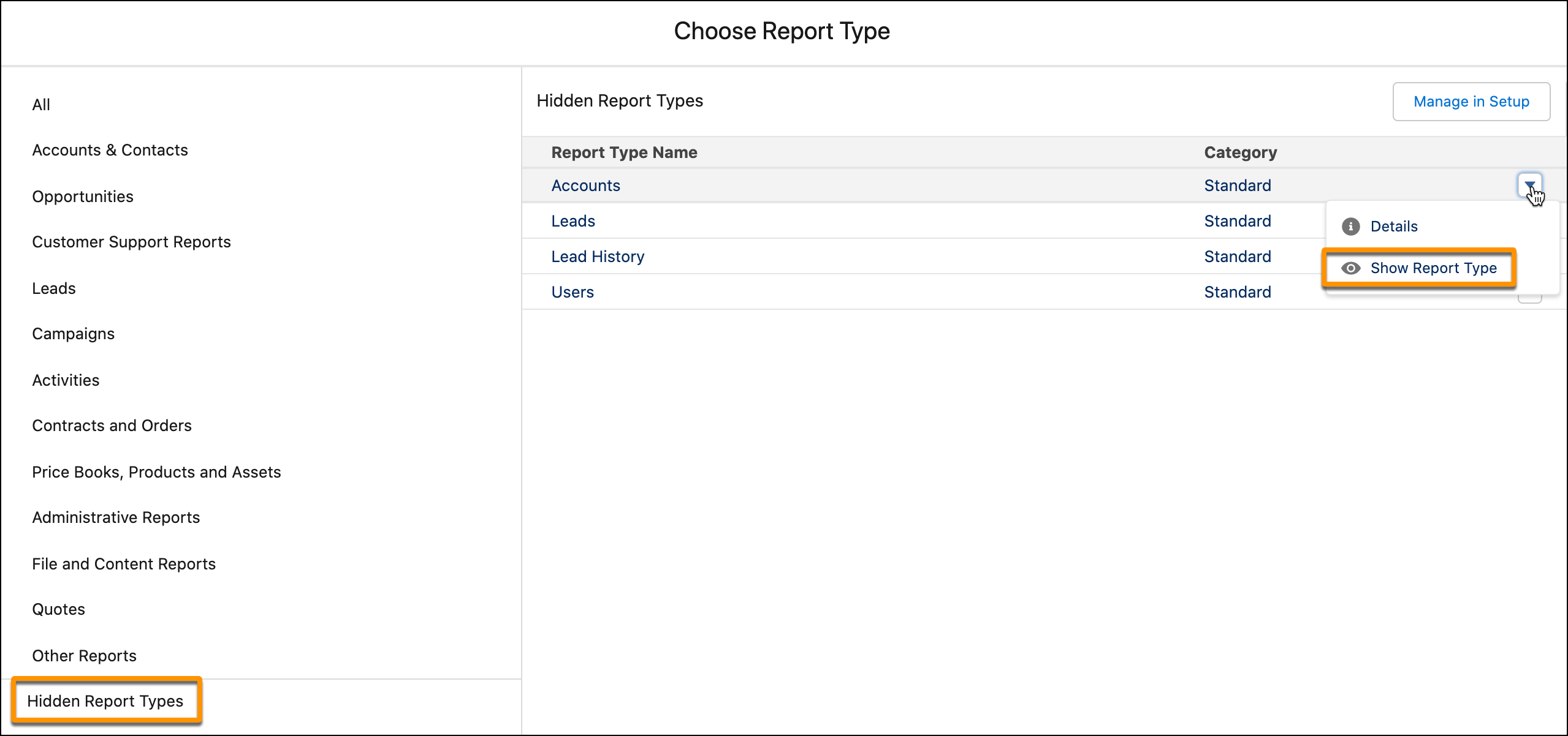 Choose Report Type window showing hidden reports category and menu option to show a hidden report