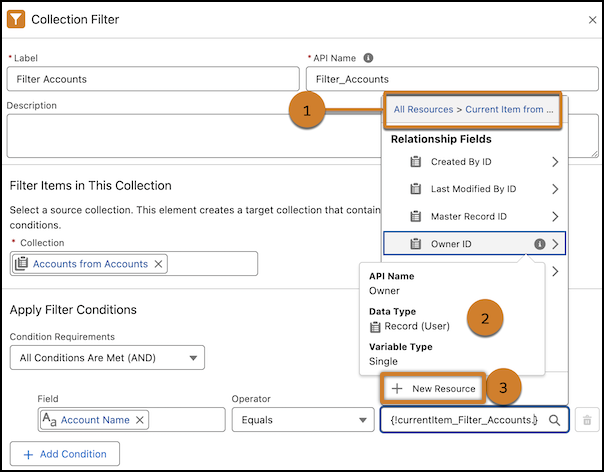 A Collection Filter element properties panel showing the search for Owner ID grouped under Relationship Fields.