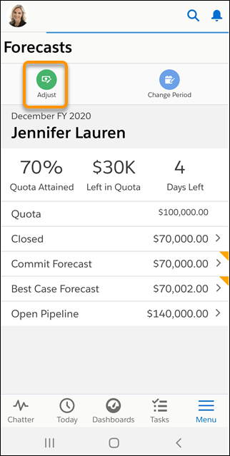 The Forecasts touchscreen in the Salesforce mobile app, with the new Adjust button highlighted