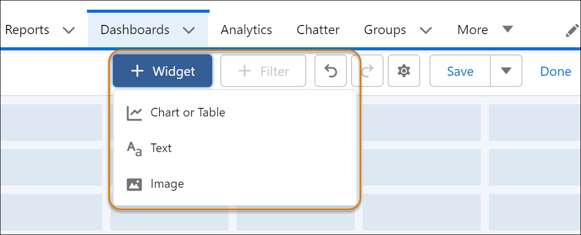 Widget menu showing chart and table, image, and rich text options