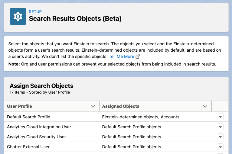Setup page to select search results objects