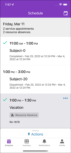 The app's Schedule screen showing two appointments and a vacation.