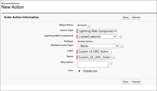 New Action dialog box