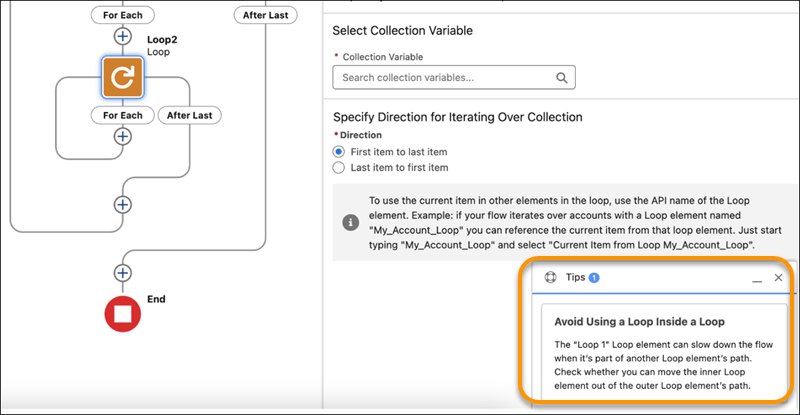 Tip that appears on Flow Builder canvas