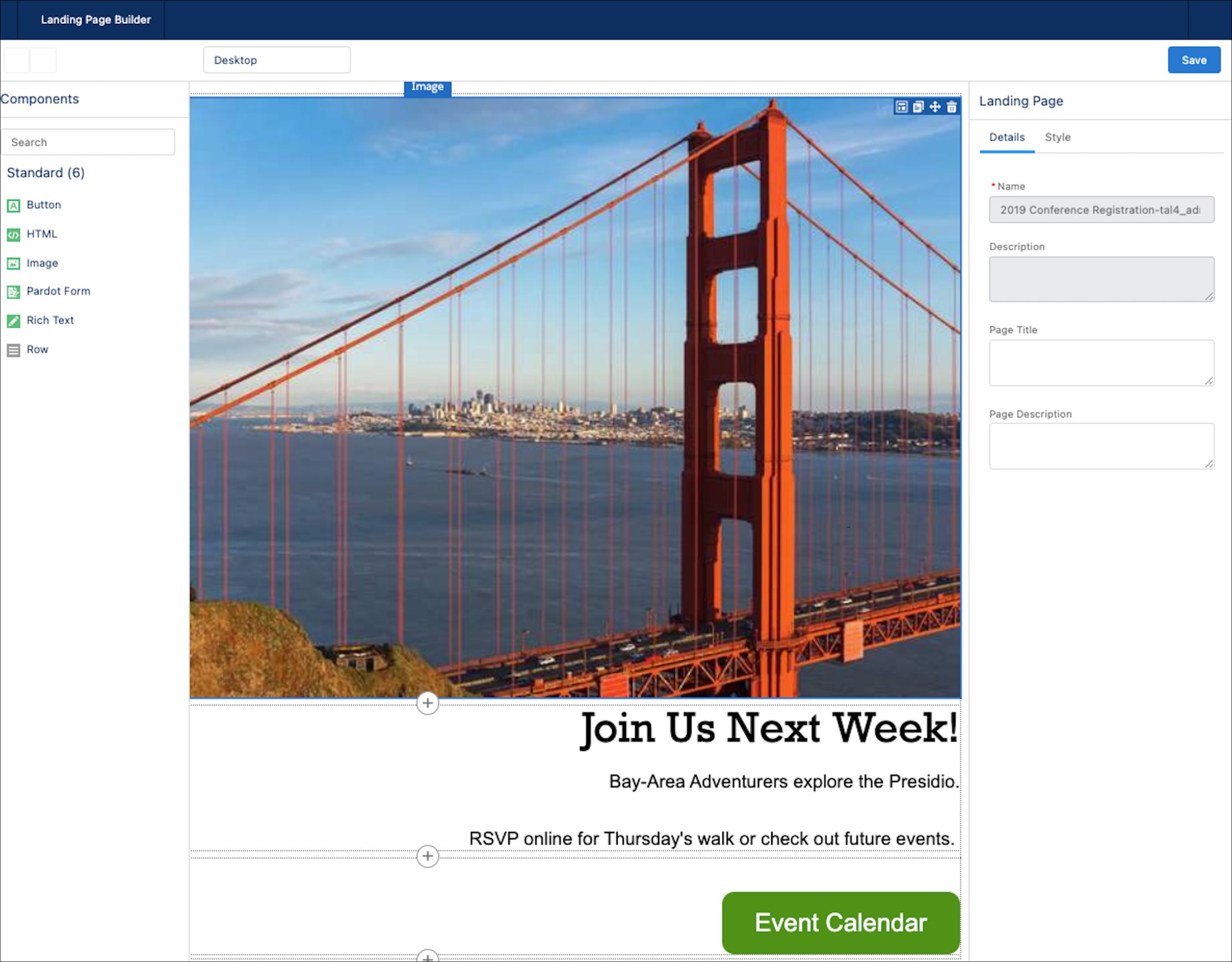 New landing page builder canvas shows the Golden Gate bridge with a large heading and button.