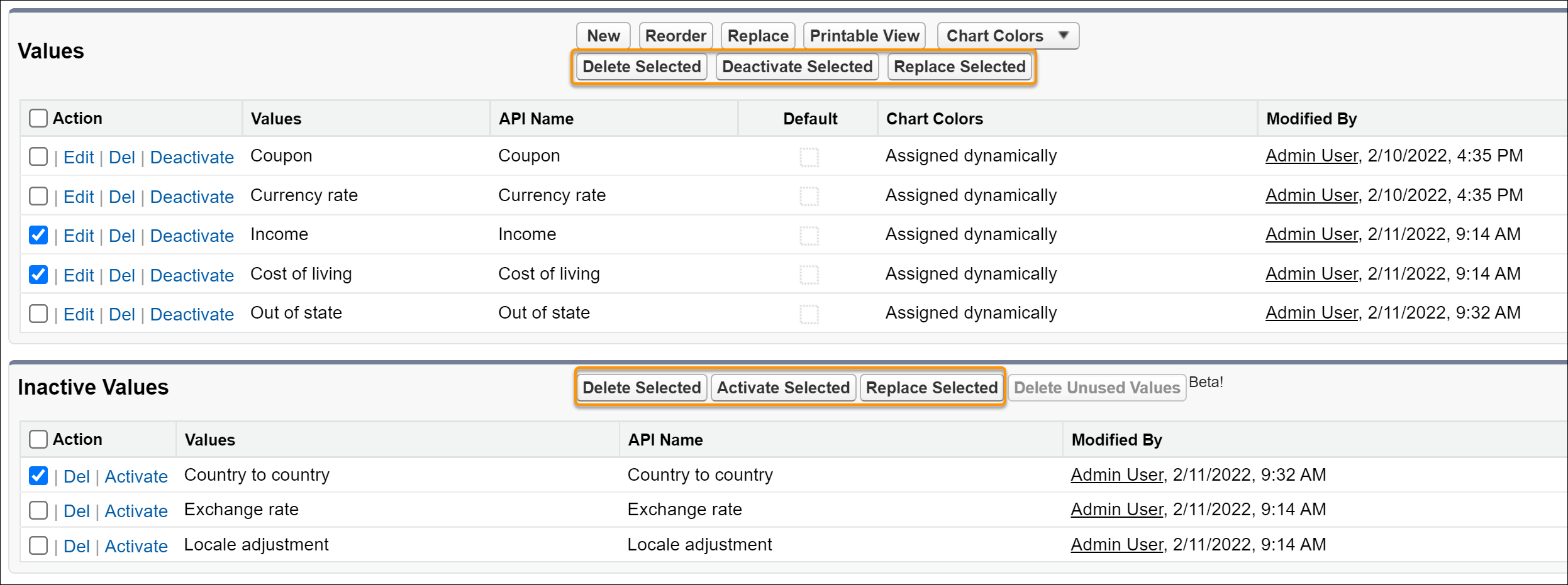 Salesforce Summer '22 Release - The advanced picklist values management buttons in the Values and Inactive Values panes