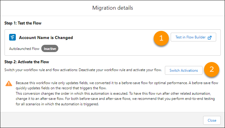 The Migration details window with a "Test in Flow Builder" button, a "Switch Activations" button, and any details.