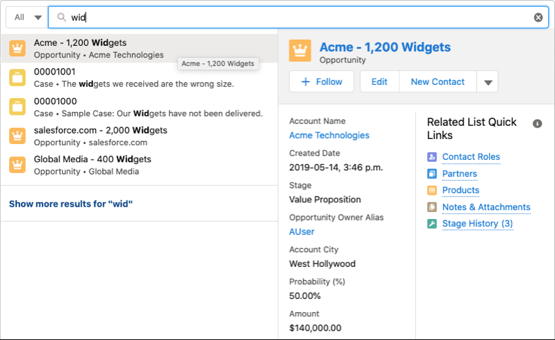 Search results with Einstein Search enabled