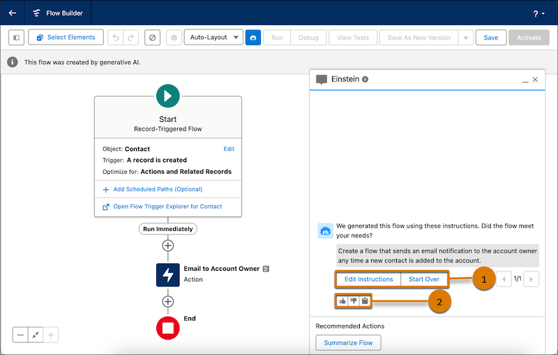 The flow builder canvas displaying the Einstein panel with Summarise Flow, Edit Instructions, Start Over, and Feedback buttons.