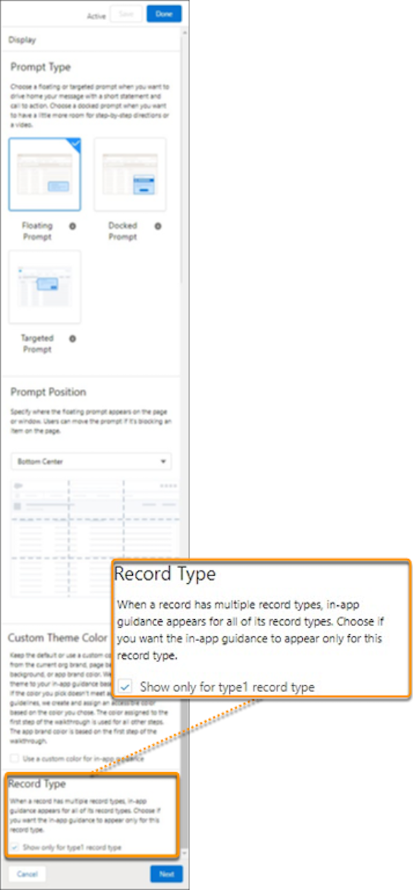 Record Type area shown in the In-App Guidance Builder
