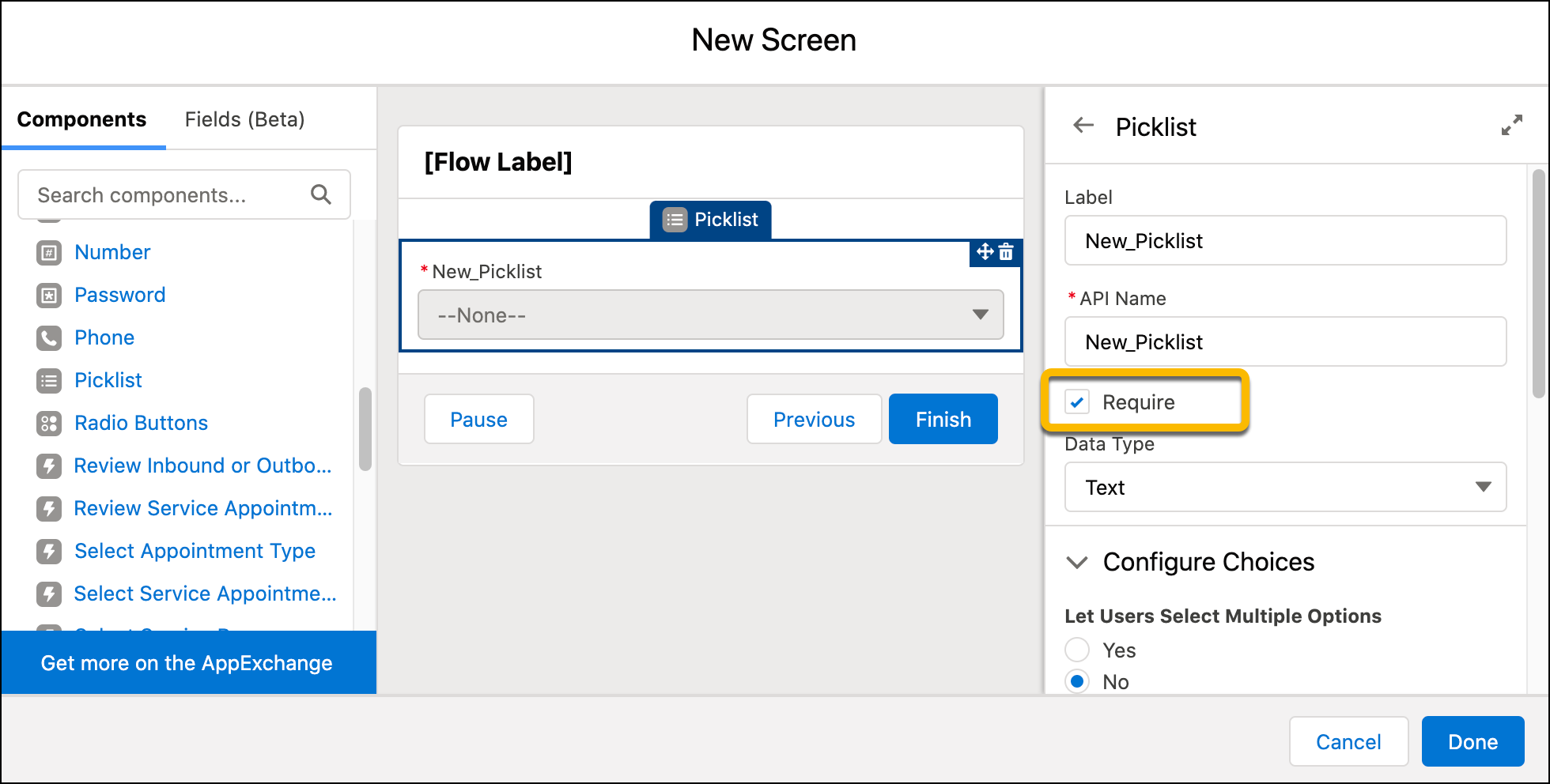 The flow admin sets up the picklist screen component with the new Required checkbox and the None picklist option value.