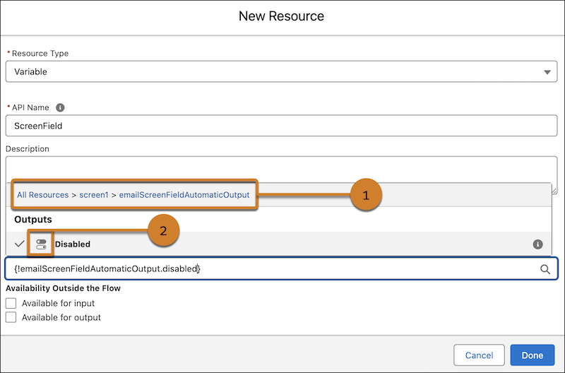 New Resource window with the breadcrumb path and intuitive icons highlighted in a variable resource type.