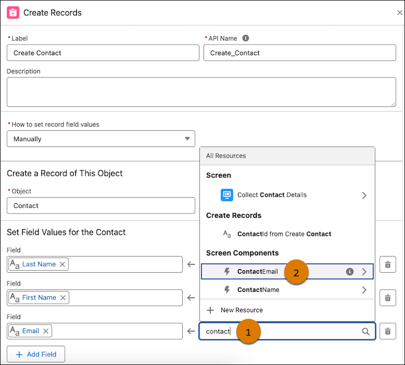 A Create Records element properties panel showing the search for the screen componenet and the resulting screen component in the resource menu