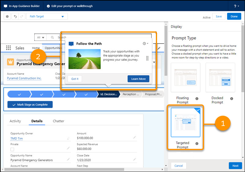 Targeted prompt shown in the In-App Guidance Builder