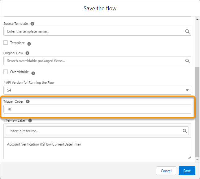 The "Save the flow" window with the "Trigger Order" field